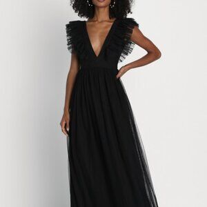 Lulus Simply Delighted Black Mesh Ruffled Backless Maxi Dress - Size M